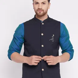 even Men Blue Embroided Woven Nehru Jacket-image-20