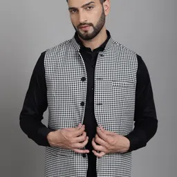 even Checked Mandarin Collar Nehru Jacket-picture-24