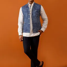 Streaks & Crosses Printed Pure Cotton Reversible Nehru Jacket-9