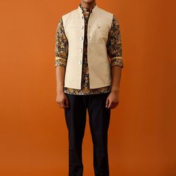 Streaks & Crosses Floral Printed Reversible Pure Cotton Woven Nehru Jacket-12