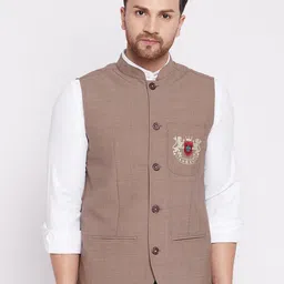 even Men Brown Solid Woven Nehru Jacket-20