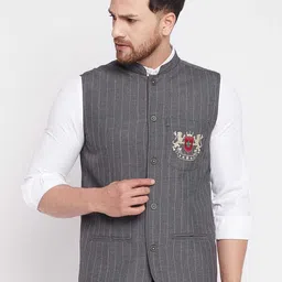 even Men Grey Striped Woven Nehru Jacket-picture-6