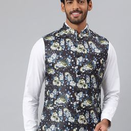 MR BUTTON Men Blue & White Floral Printed Nehru Jacket-picture-39
