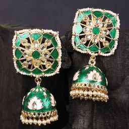 JEWELS GEHNA Green Dome Kundan Meenakari Jhumkas Earrings-image-43
