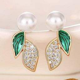 FIMBUL Gold Plated Pearl Beaded Leaf Shaped Stud Earrings-1