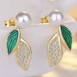 FIMBUL Gold Plated Pearl Beaded Leaf Shaped Stud Earrings-0