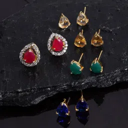 ZENEME Set Of 5 Gold-Plated Teardrop Shaped American Diamond Studs Earrings-1