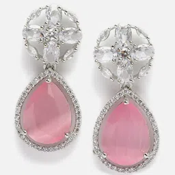 DressBerry Pink Rhodium-Plated AD Studded Teardrop Shaped Drop Earrings-10