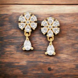 DressBerry Gold-Plated Zircon Stoned Floral Drop Earrings-3