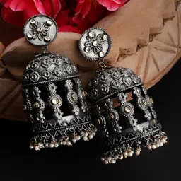 CARDINAL Silver-Plated Dome Shaped Jhumkas Earrings-17