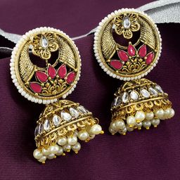 PRIVIU Gold-Plated Stones Studded & Beads Beaded Dome Shaped Jhumkas-9