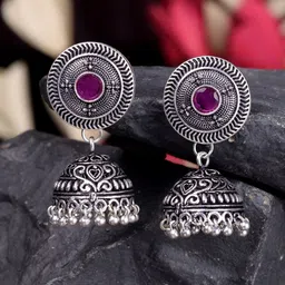 Saraf RS Jewellery Silver-Toned & Pink Dome Shaped Jhumkas-64