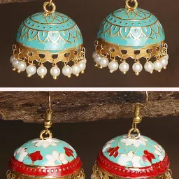 OOMPH Pack Of 2 Green & Red Enamelled Dome Shaped Jhumkas Earrings-20