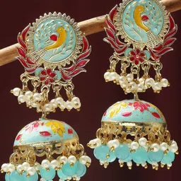 OOMPH Peacock Shaped Beaded Meenakari Jhumkas-31