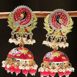 OOMPH Peacock Shaped Pearl Meenakari Jhumkas Earrings-25