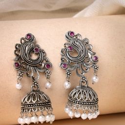 ADIVA Silver-Plated Peacock Shaped Oxidized Jhumkas Earrings-26