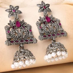 ADIVA Silver-Plated Peacock Shaped Stone Studded & Beaded Jhumkas-20