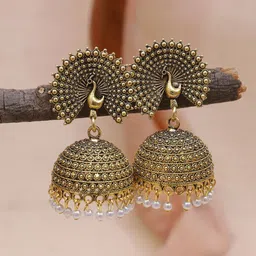 Crunchy Fashion Gold-Plated Peacock Shaped Jhumkas Earrings-image-47