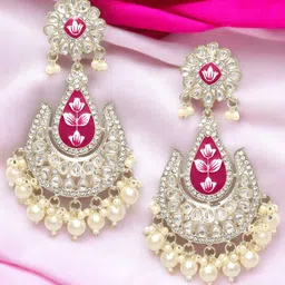 OOMPH Kundan Studded Floral Meenakari Drop Earrings-16