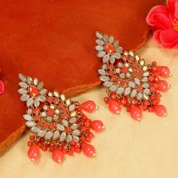 AccessHer Gold Plated  & Orange Circular Mirror Chandbalis Earrings-image-68