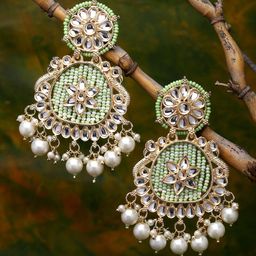 ZENEME Lime Green Peacock Shaped Chandbalis Earrings-image-1