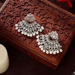 AARSHVI Rhodium-Plated American Diamond Studded Contemporary Chandbalis-50