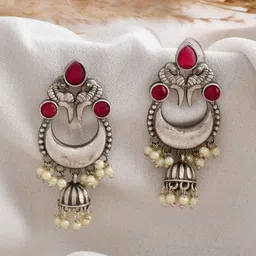 DASTOOR Silver-Plated Stone-Studded & Beaded Oxidised Contemporary Chandbalis-10