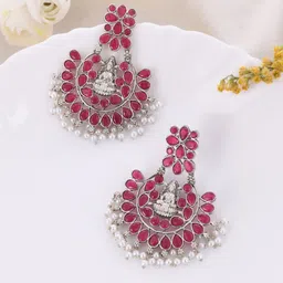 DASTOOR Silver-Plated Stone-Studded & Beaded Silver Contemporary Oxidised Drop Earrings-image-84