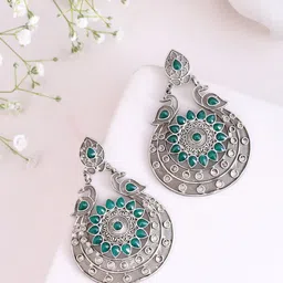DASTOOR Silver-Plated Artificial Stones-Studded Oxidised Chandbalis-10
