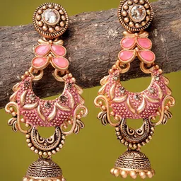 ADIVA Antique Gold-Plated Hand-Painted Stone-Studded Crescent Shaped Jhumkas-57