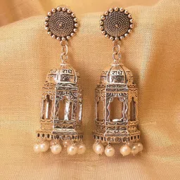 HOPMEE Silver-Plated Artificial Beaded Dome Shaped Oxidised Jhumkas-54