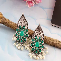 UNIVERSITY TRENDZ Silver-Plated Leaf Design Studded & Beaded Jhumkas-24