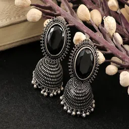 UNIVERSITY TRENDZ Oxidised Silver-Plated Stones Studded Dome Shaped Jhumka-4