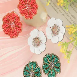 UNIVERSITY TRENDZ Set Of 3 Gold-Plated Floral Beaded Studs Earrings-18