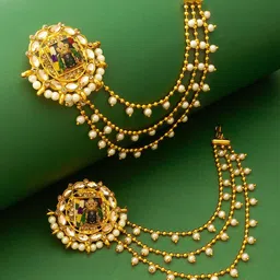 aadita Gold-Plated Stones Studded & Beaded Circular Studs Earrings With Hair Chains-13