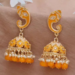 KARATCART Yellow & Gold-Plated Lord Ganesha Classic Jhumkas Earrings-48