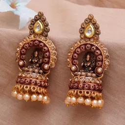 KARATCART Gold-Plated & Maroon Mata Laxmi Jhumkas Earrings-7