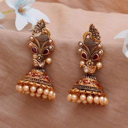 KARATCART Gold-Plated & Maroon Stone Studded Peacock Shape Jhumkas Earrings-5