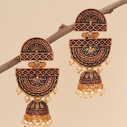 KARATCART Gold-Plated & Maroon Classic Jhumkas Earrings-10