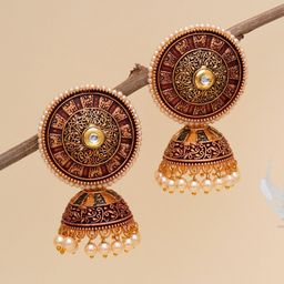 KARATCART Maroon & Gold-Plated Antique Dome Shaped Jhumkas Earrings-4