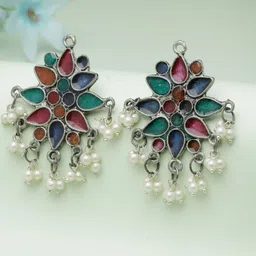 Moedbuille Silver-Plated Artificial Beaded Floral Oxidised Studs Earrings-17