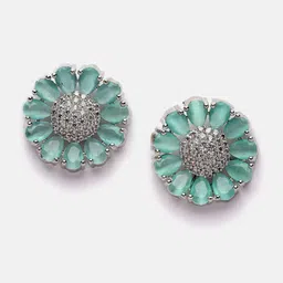 DressBerry Sea Green Rhodium-Plated AD Studded Floral Studs Earrings-4