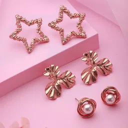 DressBerry Set Of 3 Rose Gold Plated Stud Earrings-40