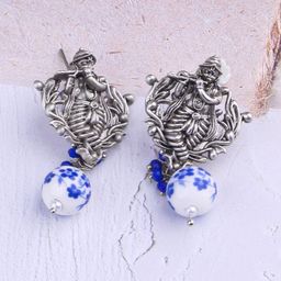 GRIIHAM Stainless Steel Silver Plated Oxidised Beaded Drop Earrings-image-5
