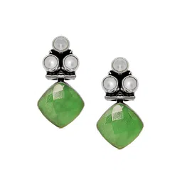 TEEJH Silver-Toned & Green Contemporary Drop Earrings image 1