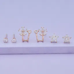 Kushal's Fashion Jewellery Set Of 3 Rose Gold-Plated Cubic Zirconia Studded Studs Earrings-34