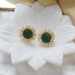 TEEJH Gold-Plated Pearl-Studded & Beaded Circular Studs Earrings-picture-4