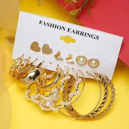 DressBerry Set Of 9 Gold Plated Contemporary Studs Earrings-17