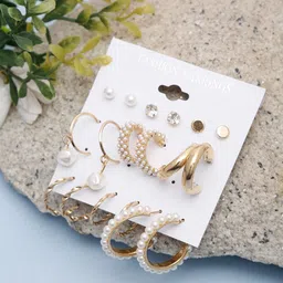 DressBerry Set Of 9 Gold-Plated Contemporary Stud Earrings-32