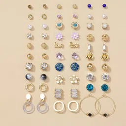 Jewels Galaxy Set Of 30 Gold Plated Crystals & Pearl Beaded Contemporary Stud Earrings-70